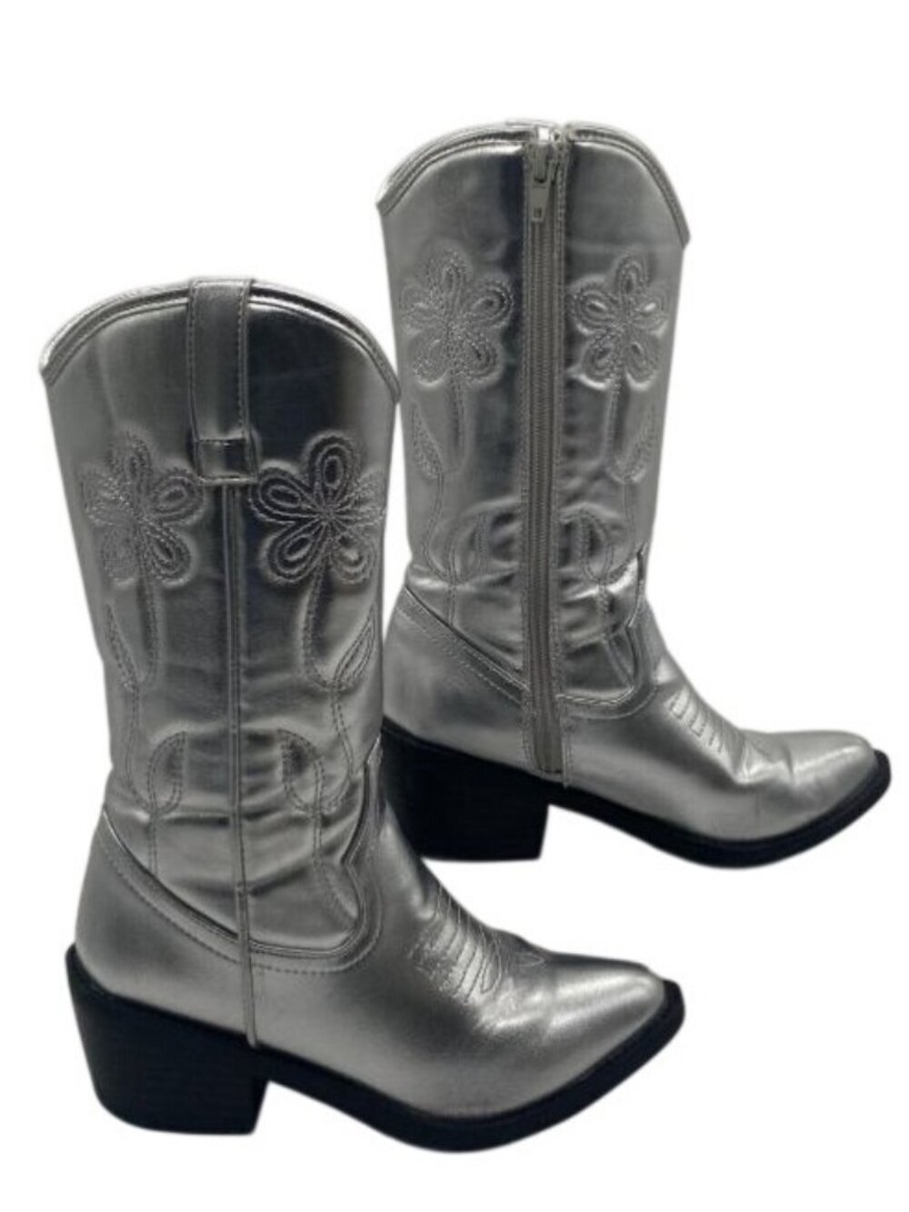 Madden NYC Silver Girls Western Cowboy Boots With Floral Stitching‎ Size 2
